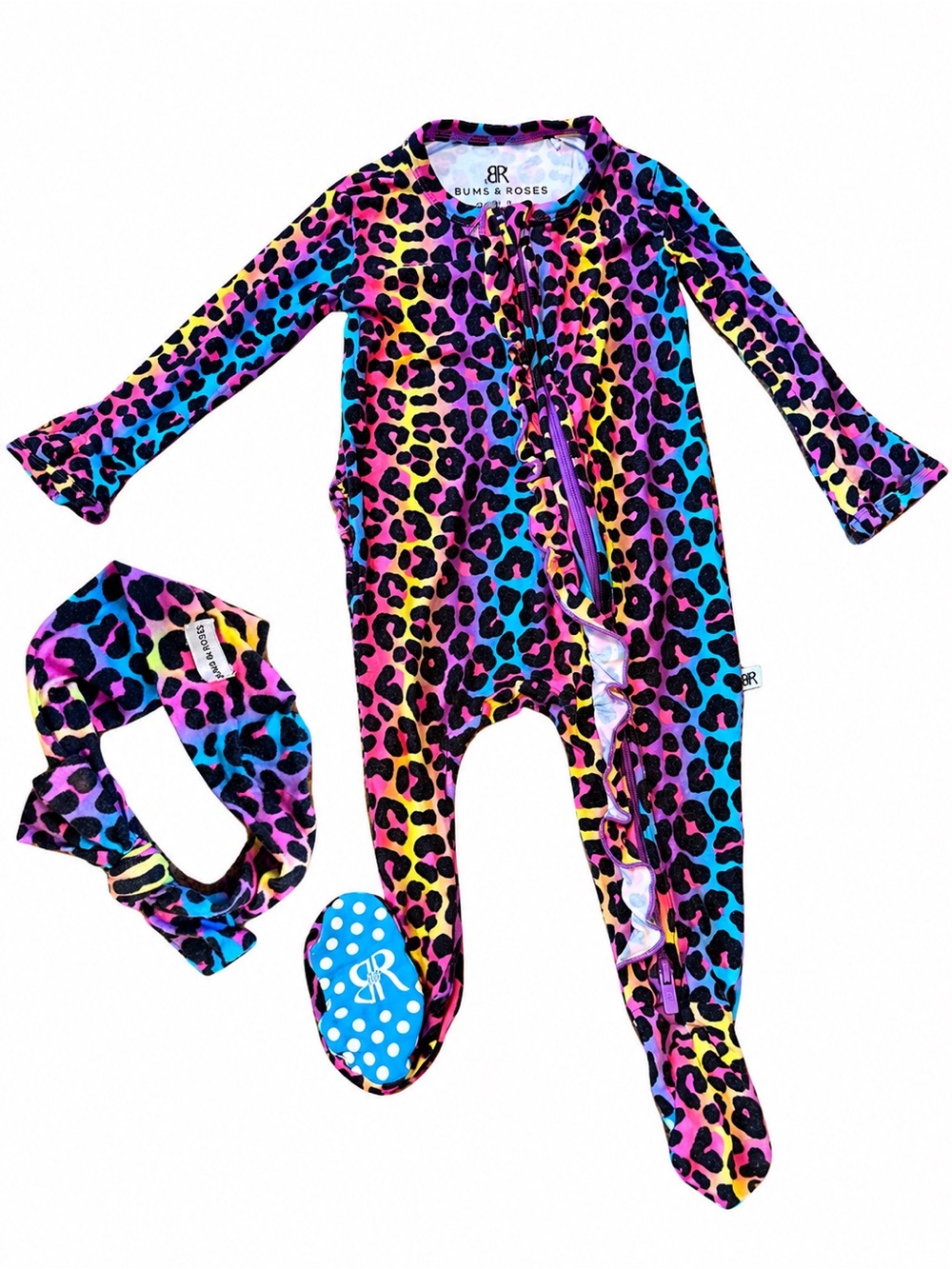 Bums & Roses Rainbow Leopard Footed One-Piece with Headband